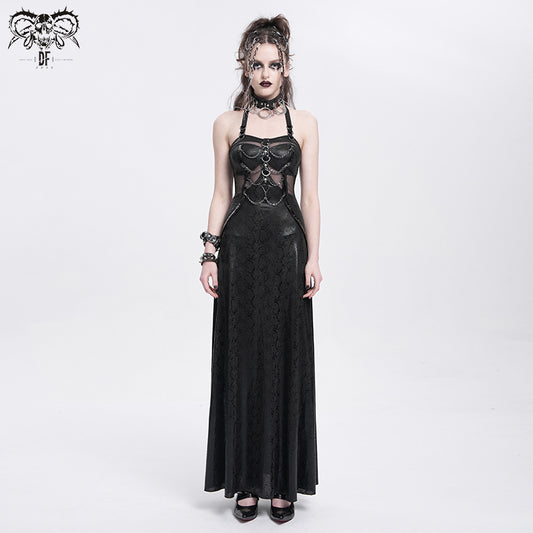 Punk Halter Faux Leather Dress with Chain Detail and Sheer Waist Panel