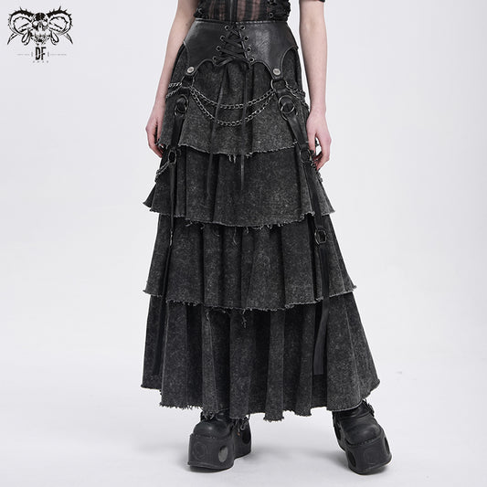 Punk Maxi Dress with Faux Leather Waist & Chain Detail