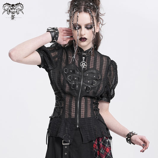 Gothic Black Heart Cut-Out Lace-Up Short Sleeves Blouse