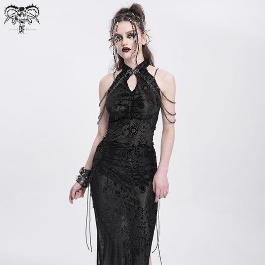 Gothic Chain-Strap Sleeveless Maxi Dress