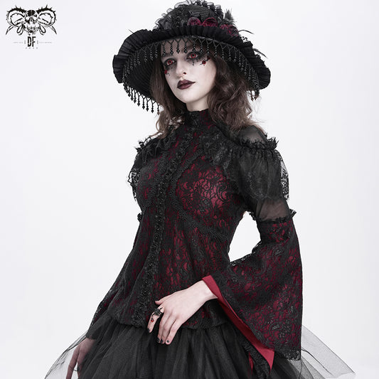Gothic Blouse with Ruffled Lace and High Collar