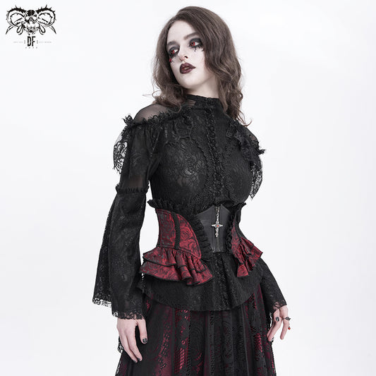 Gothic Red Jacquard Corset Belt with Cross Zipper & Lace-Up Back