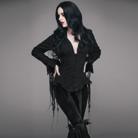 【IN STOCK】VINTAGE ELEGANT DEEP V BLOUSE/ GOTHIC LONG SLEEVE CHIFFON SHIRTS