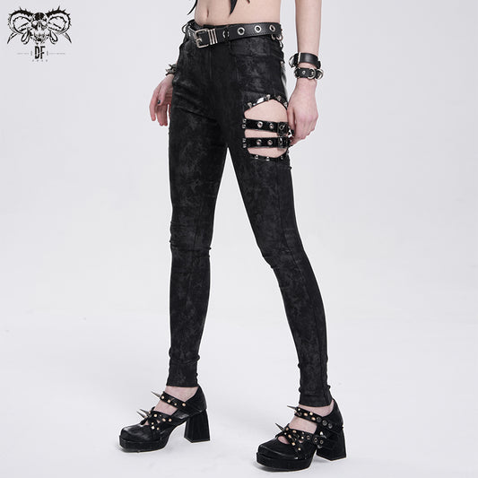 Punk Dark Print Cutout Pants with Side Straps