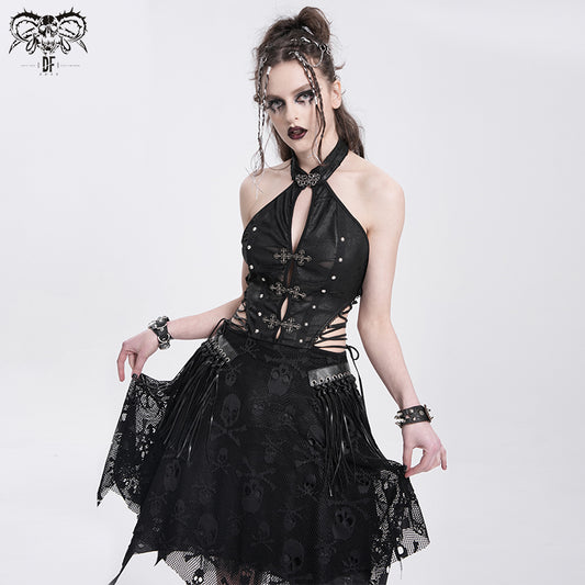 Backless Punk Halter Dress with Skull Print & Chain Detail