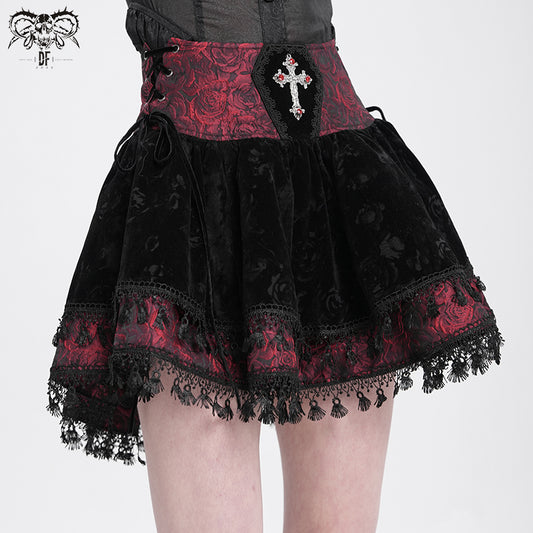 Gothic Lace-Up Velvet Skirt with Cross Accents