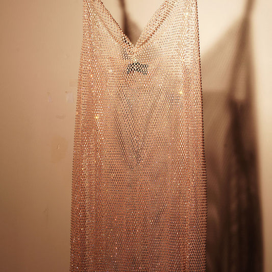 Pink Diamond Mesh Slip Dress with Pearl Straps