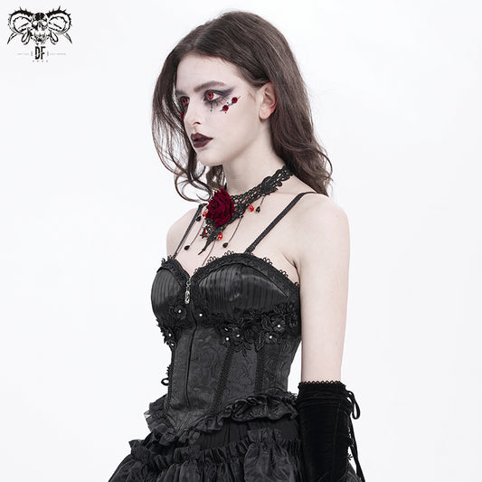 Gothic Lace-up Black Lace Corset With Ruffle Trim and Zipper