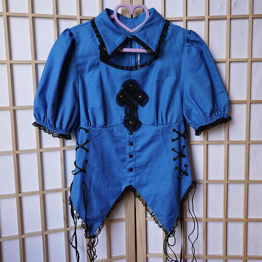 Cut-out Top and Cross Punk Skirt Blue Set