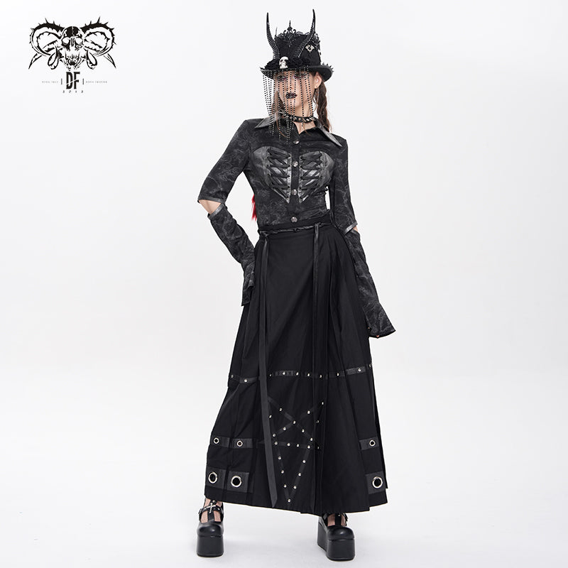 【IN STOCK】Women's Punk Printed Cutout Turtleneck Shirt