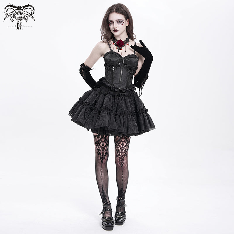 Gothic Lace-up Black Lace Corset With Ruffle Trim and Zipper
