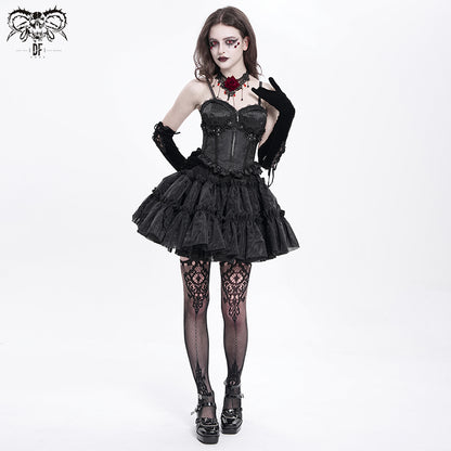 Gothic Lace-up Black Lace Corset With Ruffle Trim and Zipper