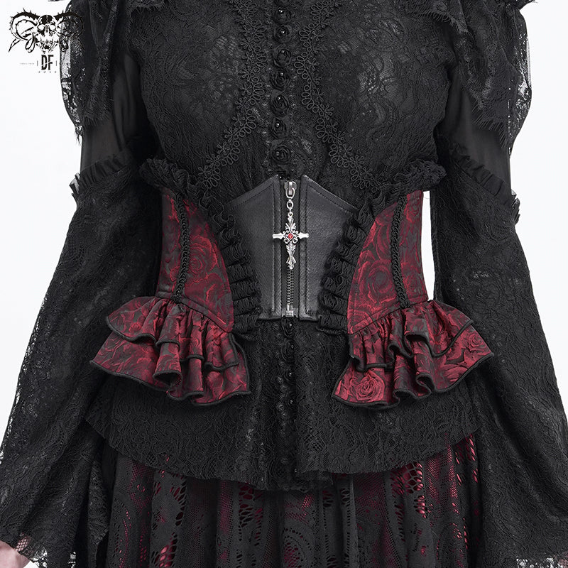 Gothic Red Jacquard Corset Belt with Cross Zipper & Lace-Up Back