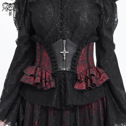 Gothic Red Jacquard Corset Belt with Cross Zipper & Lace-Up Back