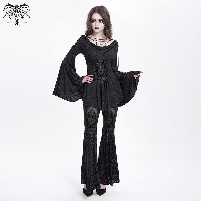 Gothic Lace Flare Pants with Mesh Panels
