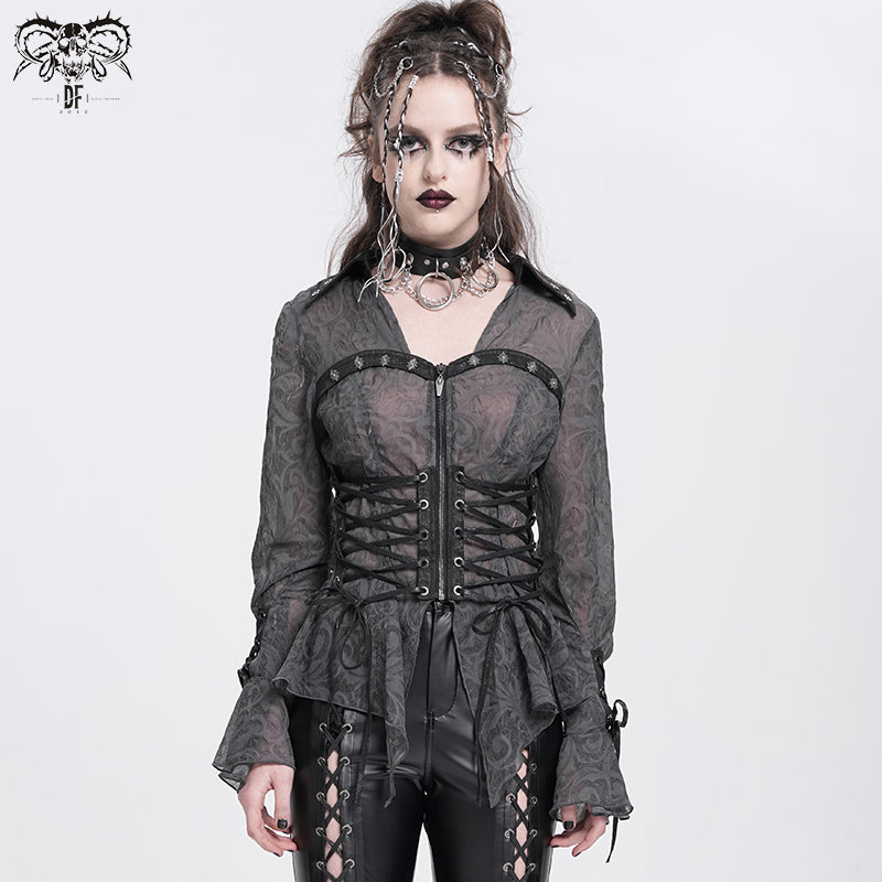 Gothic Victorian Style Shirt with Pointed Collar and Lace-Up Waist