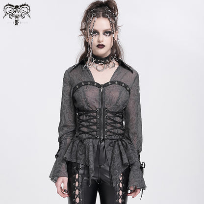 Gothic Victorian Style Shirt with Pointed Collar and Lace-Up Waist