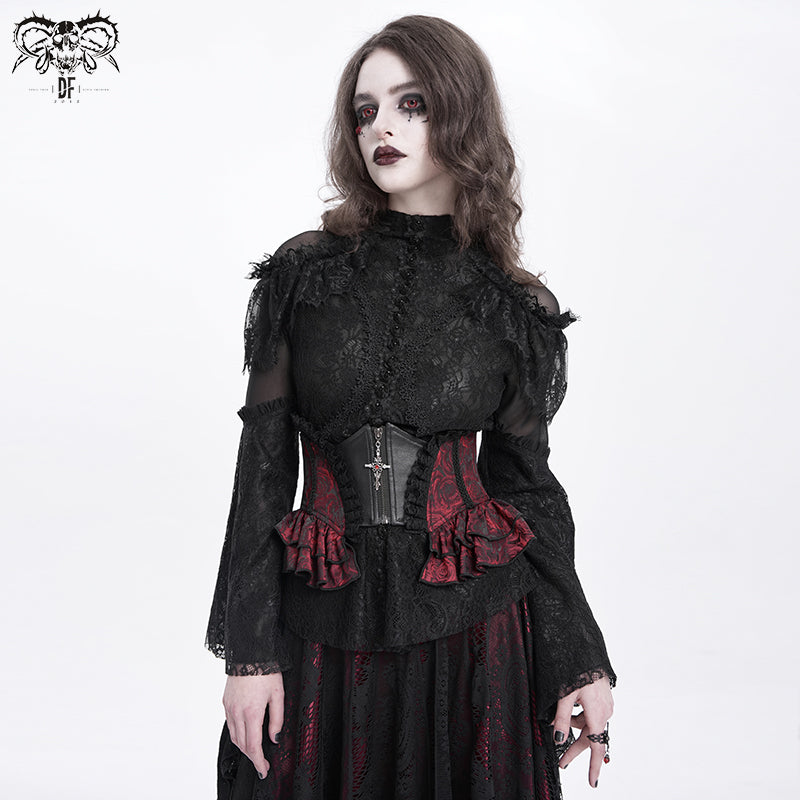 Gothic Red Jacquard Corset Belt with Cross Zipper & Lace-Up Back