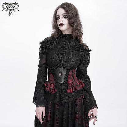 Gothic Red Jacquard Corset Belt with Cross Zipper & Lace-Up Back