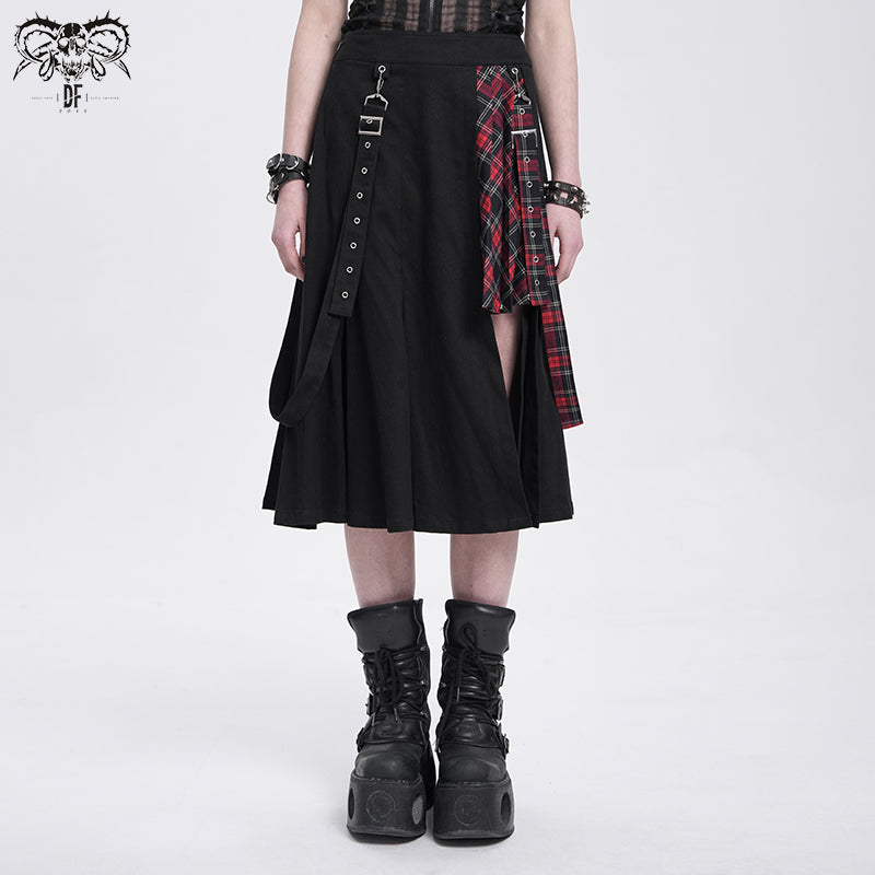 Asymmetric Black × Red Plaid Skirt