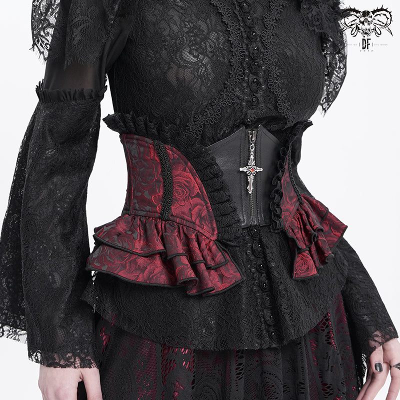 Gothic Red Jacquard Corset Belt with Cross Zipper & Lace-Up Back