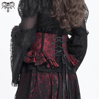 Gothic Red Jacquard Corset Belt with Cross Zipper & Lace-Up Back