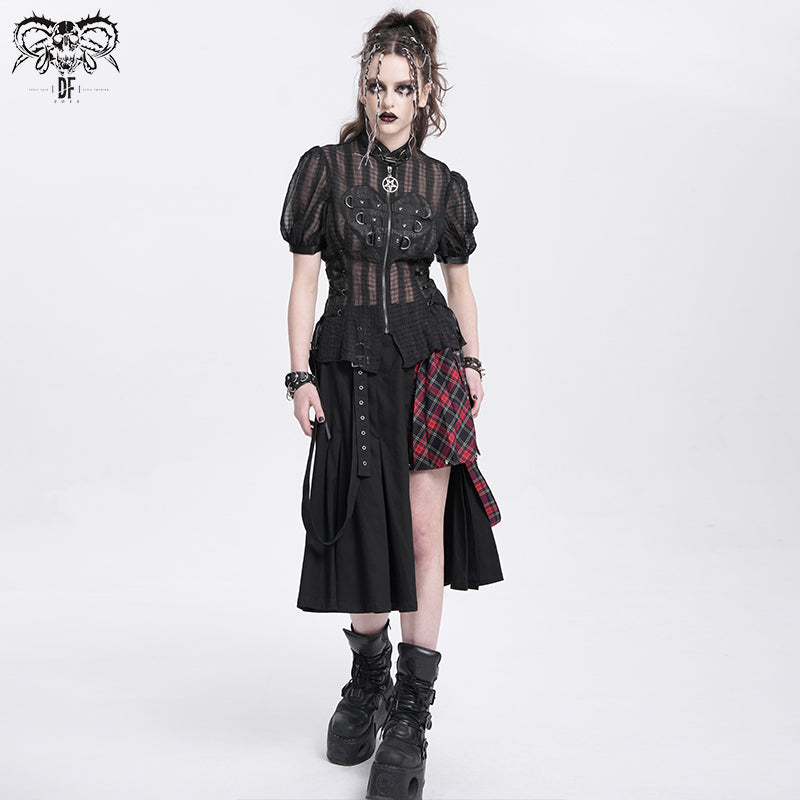 Gothic Black Heart Cut-Out Lace-Up Short Sleeves Blouse