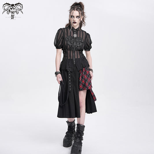 Gothic Black Heart Cut-Out Lace-Up Short Sleeves Blouse