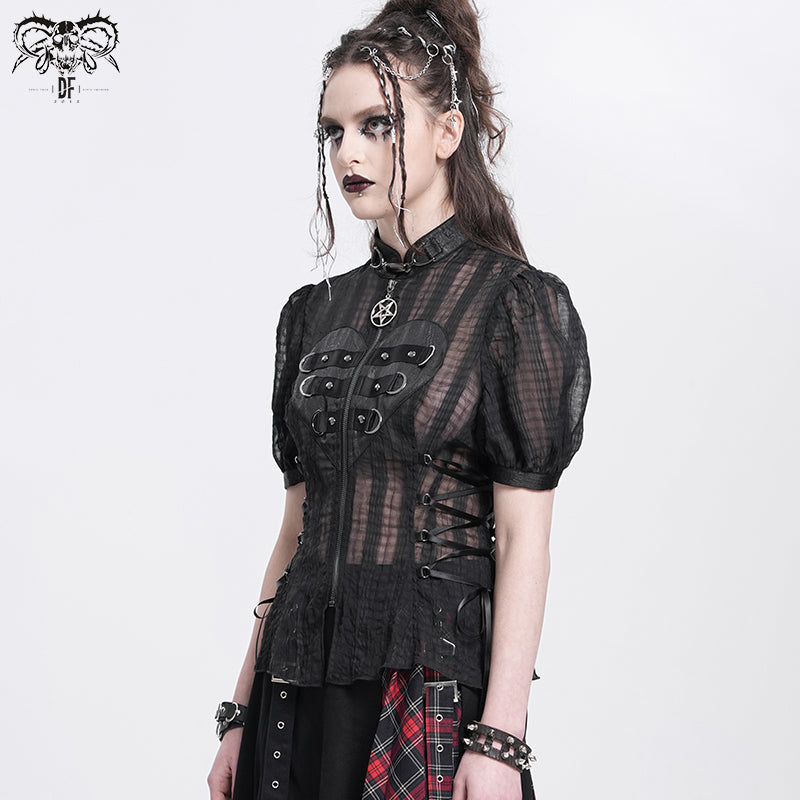 Gothic Black Heart Cut-Out Lace-Up Short Sleeves Blouse