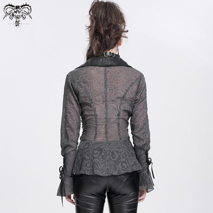 Gothic Victorian Style Shirt with Pointed Collar and Lace-Up Waist