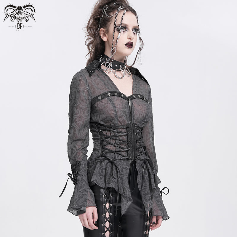 Gothic Victorian Style Shirt with Pointed Collar and Lace-Up Waist