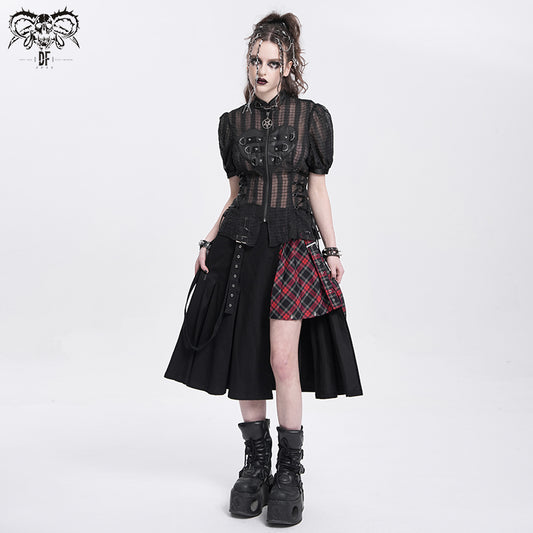 Asymmetric Black × Red Plaid Skirt