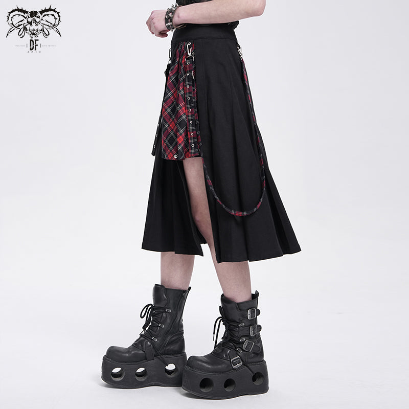 Asymmetric Black × Red Plaid Skirt