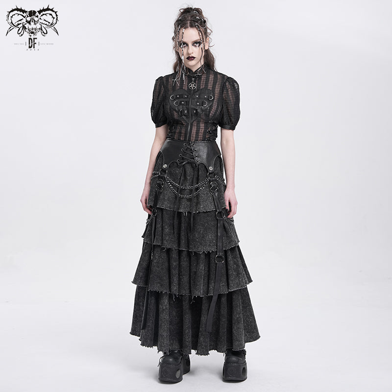 Punk Maxi Dress with Faux Leather Waist & Chain Detail