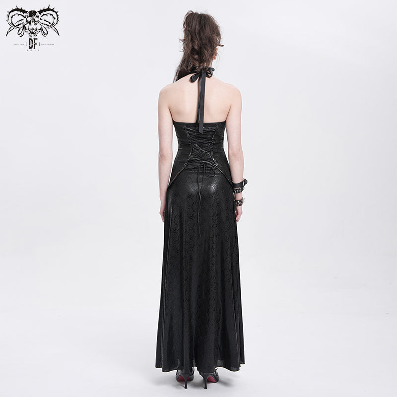 Punk Halter Faux Leather Dress with Chain Detail and Sheer Waist Panel
