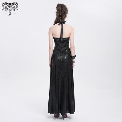 Punk Halter Faux Leather Dress with Chain Detail and Sheer Waist Panel