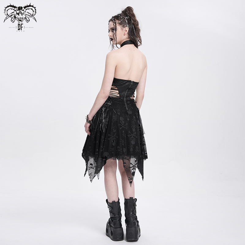 Backless Punk Halter Dress with Skull Print & Chain Detail
