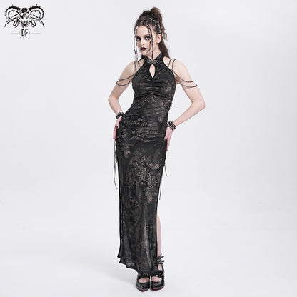 Punk Sleeveless Maxi Dress with Chain Straps & Floral Print