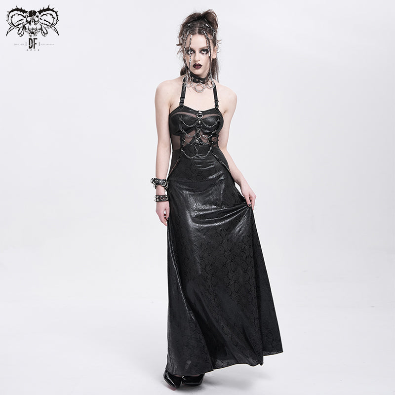 Punk Halter Faux Leather Dress with Chain Detail and Sheer Waist Panel