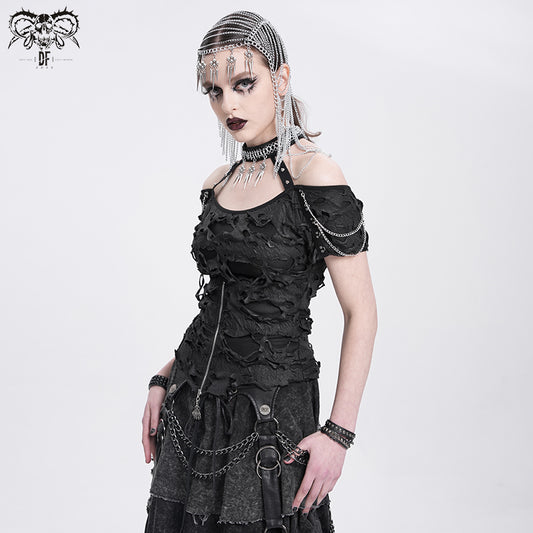 Punk Halter Neck Short Sleeve Top with zipper