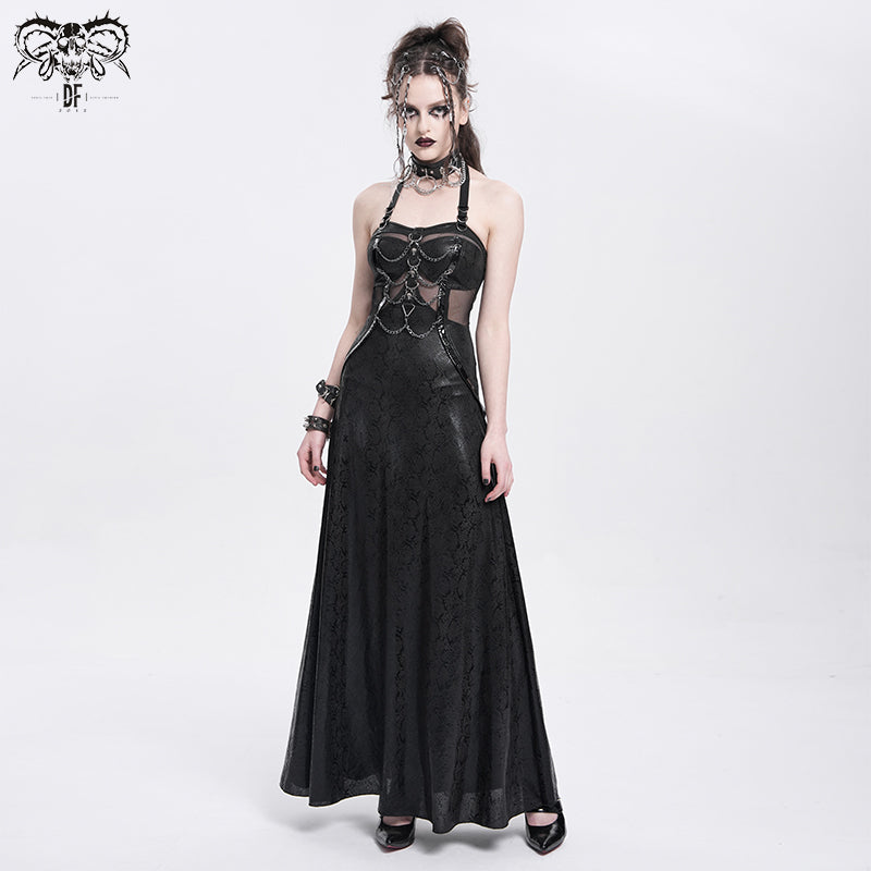 Punk Halter Faux Leather Dress with Chain Detail and Sheer Waist Panel