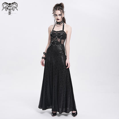 Punk Halter Faux Leather Dress with Chain Detail and Sheer Waist Panel
