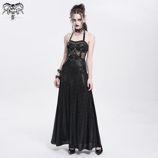 Punk Halter Faux Leather Dress with Chain Detail and Sheer Waist Panel