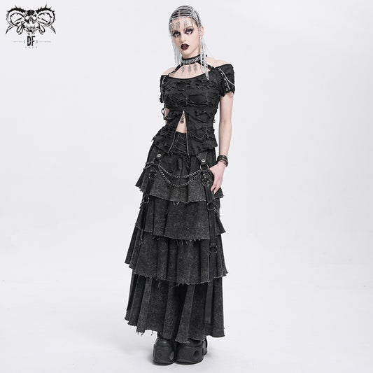 Punk Maxi Dress with Faux Leather Waist & Chain Detail