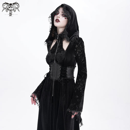 Dark Elegant Coat with Lace Sleeves and Hood