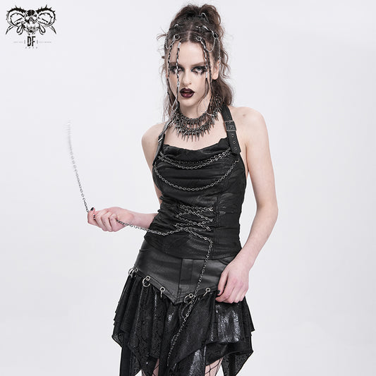 【IN STOCK】Punk Sleeveless Halter Top with Chain Detail