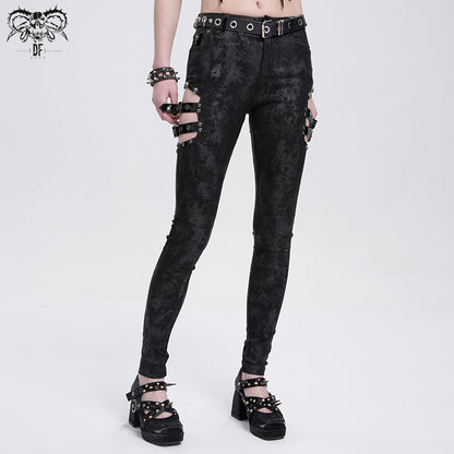 Punk Dark Print Cutout Pants with Side Straps