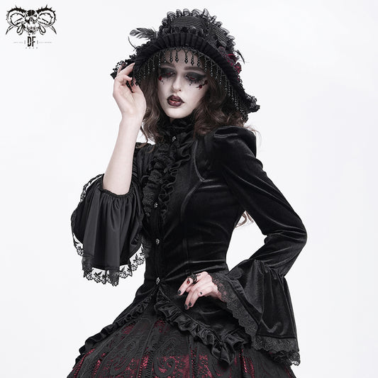 Gothic Lace-Up Victorian Blouse with Bell Sleeves & Ruffles