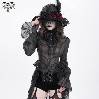 Gothic Sheer Victorian Lace Ruffled Blouse with Back Corset