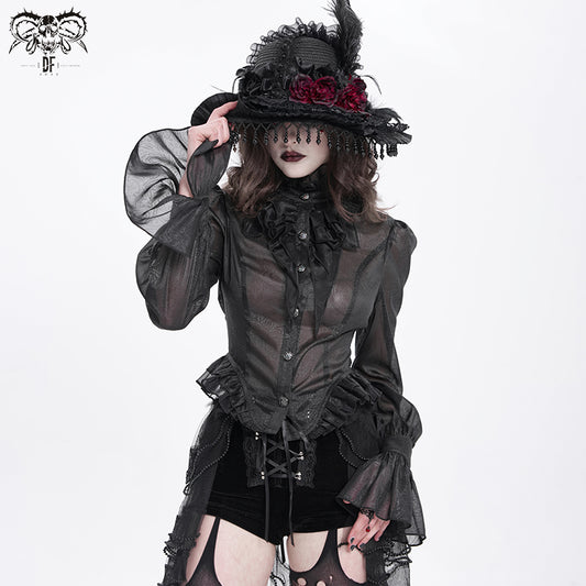 Gothic Sheer Victorian Lace Ruffled Blouse with Back Corset